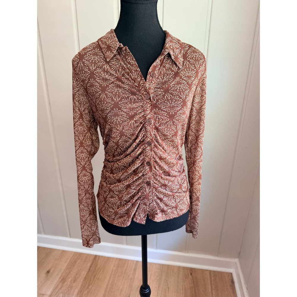 Halogen Brown Damask Print Ruched Mesh Button Up Long Sleeve Top Small